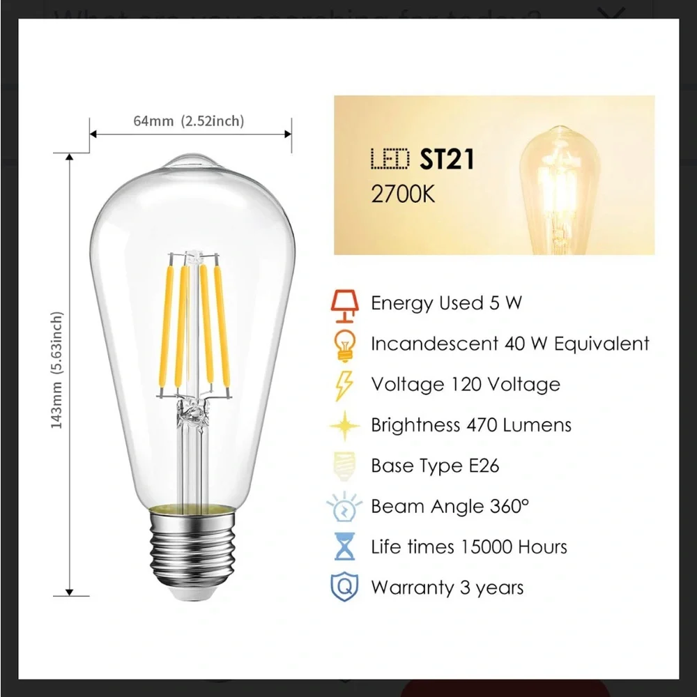 2 Pk Edison Dimmable 2700K Warm White Vintage Edison Light Bulb E26 Medium Base